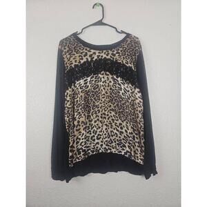 Maurices Brown Black Sheer Sleeve Lace Detail Leopard Crew Blouse Size 2